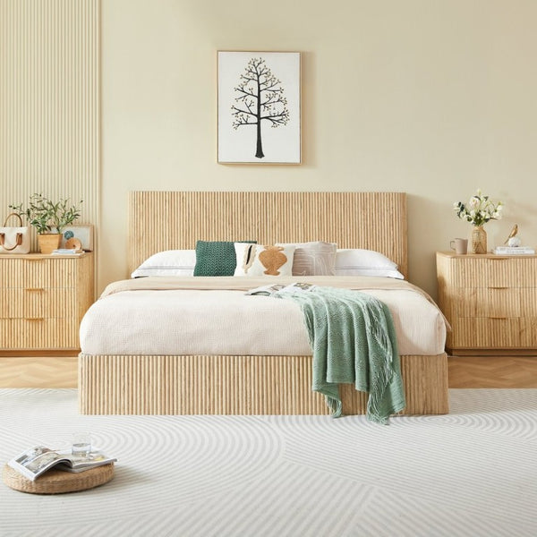 English Elm King Hydraulic Lift Storage Bed Oak Finish Curved Headboard with Wooden Slat Platform W1820S00080