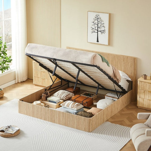 English Elm King Hydraulic Lift Storage Bed Oak Finish Curved Headboard with Wooden Slat Platform W1820S00080