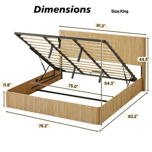 English Elm King Hydraulic Lift Storage Bed Oak Finish Curved Headboard with Wooden Slat Platform W1820S00080