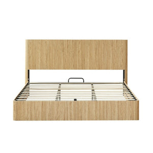 English Elm King Hydraulic Lift Storage Bed Oak Finish Curved Headboard with Wooden Slat Platform W1820S00080