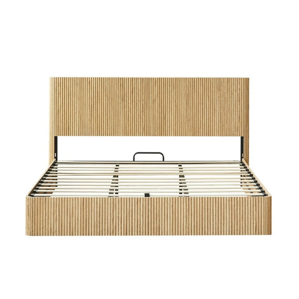 English Elm King Hydraulic Lift Storage Bed Oak Finish Curved Headboard with Wooden Slat Platform W1820S00080