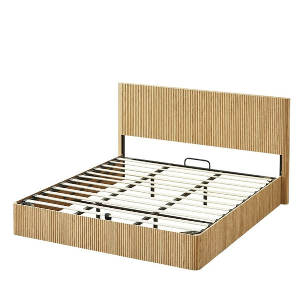 English Elm King Hydraulic Lift Storage Bed Oak Finish Curved Headboard with Wooden Slat Platform W1820S00080