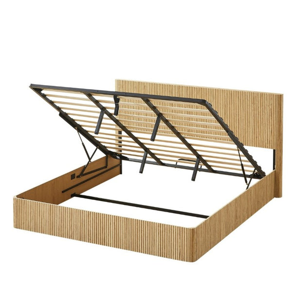 English Elm King Hydraulic Lift Storage Bed Oak Finish Curved Headboard with Wooden Slat Platform W1820S00080