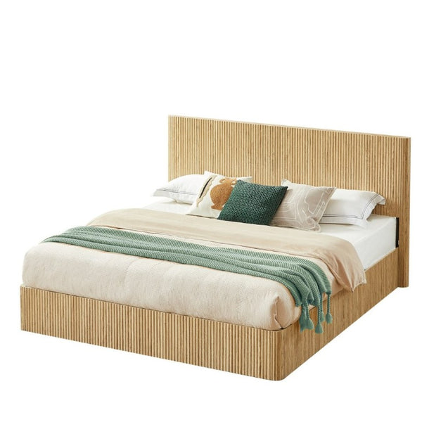 English Elm King Hydraulic Lift Storage Bed Oak Finish Curved Headboard with Wooden Slat Platform W1820S00080