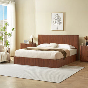 English Elm King Platform Storage Bed Walnut Finish Hydraulic Lift Corrugated Headboard Modern W1820S00081