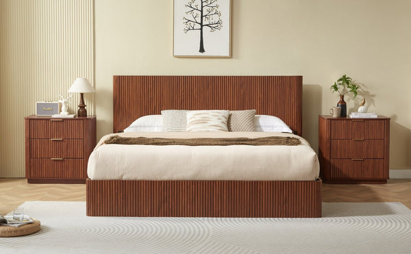 English Elm King Platform Storage Bed Walnut Finish Hydraulic Lift Corrugated Headboard Modern W1820S00081