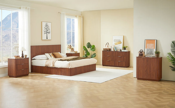 English Elm King Platform Storage Bed Walnut Finish Hydraulic Lift Corrugated Headboard Modern W1820S00081