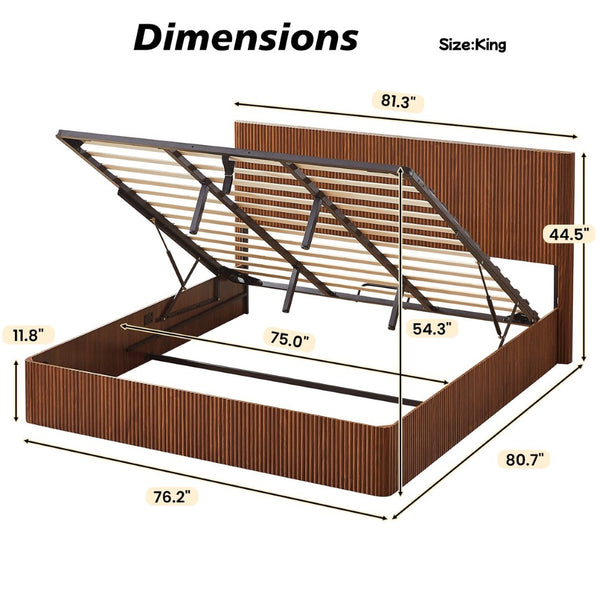 English Elm King Platform Storage Bed Walnut Finish Hydraulic Lift Corrugated Headboard Modern W1820S00081