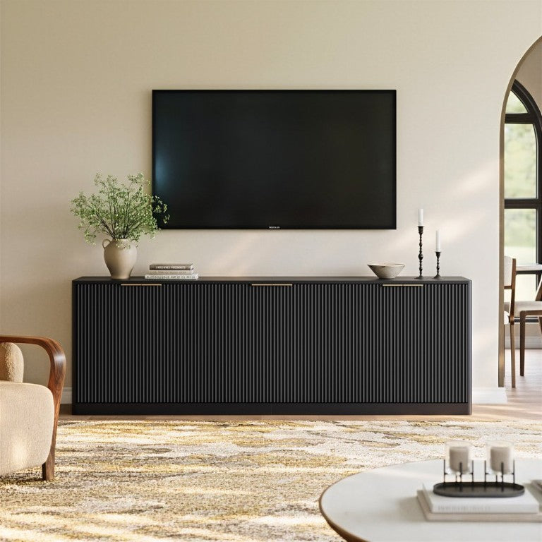 English Elm 94.5 Inch Fluted Matte Credenza with Six Doors for Dining Living or Entryway Black W1820S00082