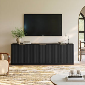 English Elm 94.5 Inch Fluted Matte Credenza with Six Doors for Dining Living or Entryway Black W1820S00082