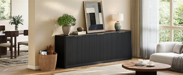 English Elm 94.5 Inch Fluted Matte Credenza with Six Doors for Dining Living or Entryway Black W1820S00082