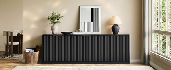 English Elm 94.5 Inch Fluted Matte Credenza with Six Doors for Dining Living or Entryway Black W1820S00082