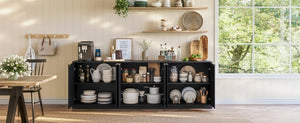English Elm 94.5 Inch Fluted Matte Credenza with Six Doors for Dining Living or Entryway Black W1820S00082