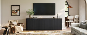 English Elm 94.5 Inch Fluted Matte Credenza with Six Doors for Dining Living or Entryway Black W1820S00082