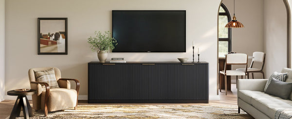 English Elm 94.5 Inch Fluted Matte Credenza with Six Doors for Dining Living or Entryway Black W1820S00082