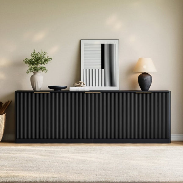 English Elm 94.5 Inch Fluted Matte Credenza with Six Doors for Dining Living or Entryway Black W1820S00082