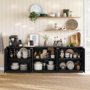 English Elm 94.5 Inch Fluted Matte Credenza with Six Doors for Dining Living or Entryway Black W1820S00082