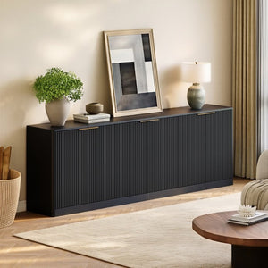 English Elm 94.5 Inch Fluted Matte Credenza with Six Doors for Dining Living or Entryway Black W1820S00082