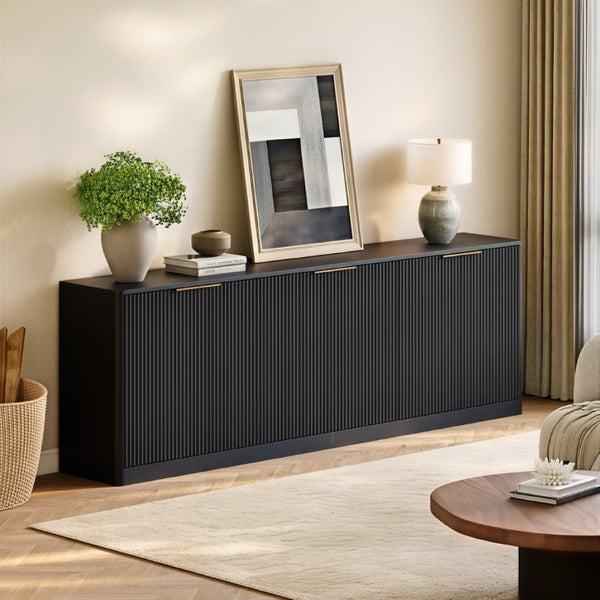 English Elm 94.5 Inch Fluted Matte Credenza with Six Doors for Dining Living or Entryway Black W1820S00082