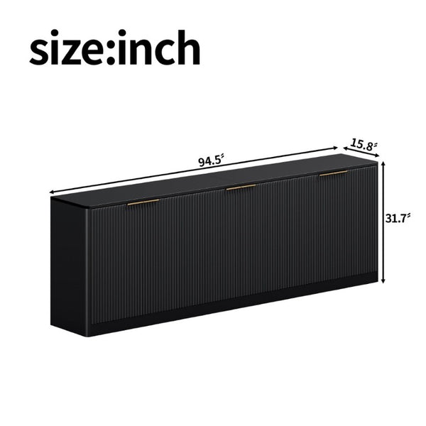English Elm 94.5 Inch Fluted Matte Credenza with Six Doors for Dining Living or Entryway Black W1820S00082