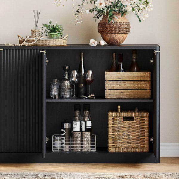English Elm 94.5 Inch Fluted Matte Credenza with Six Doors for Dining Living or Entryway Black W1820S00082