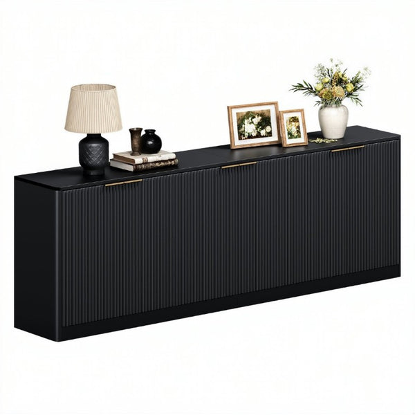 English Elm 94.5 Inch Fluted Matte Credenza with Six Doors for Dining Living or Entryway Black W1820S00082