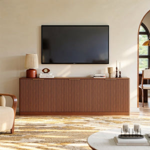 English Elm 94.5 Inch Fluted Matte Credenza with Six Doors for Dining Living or Entryway Walnut W1820S00083