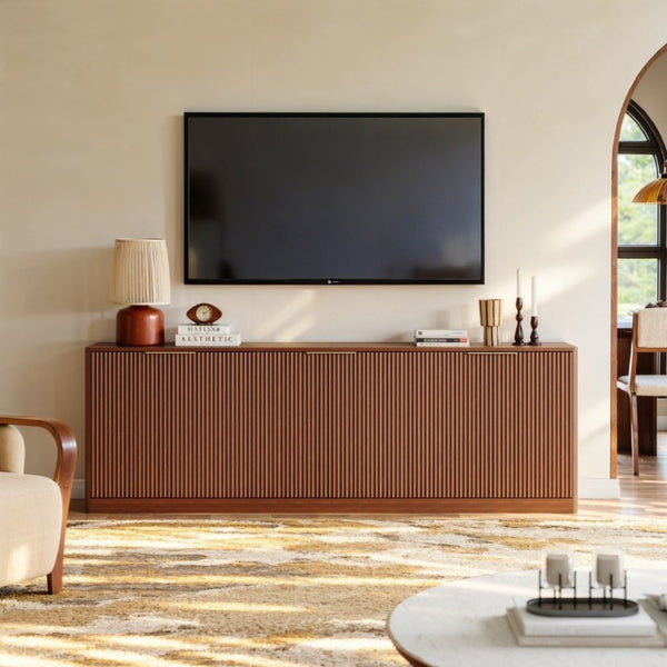 English Elm 94.5 Inch Fluted Matte Credenza with Six Doors for Dining Living or Entryway Walnut W1820S00083