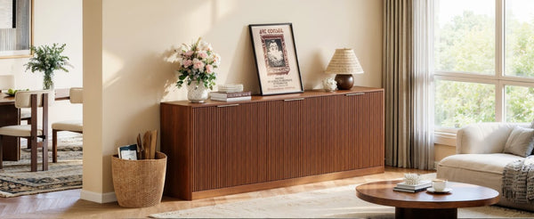 English Elm 94.5 Inch Fluted Matte Credenza with Six Doors for Dining Living or Entryway Walnut W1820S00083