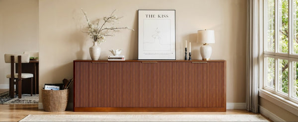 English Elm 94.5 Inch Fluted Matte Credenza with Six Doors for Dining Living or Entryway Walnut W1820S00083