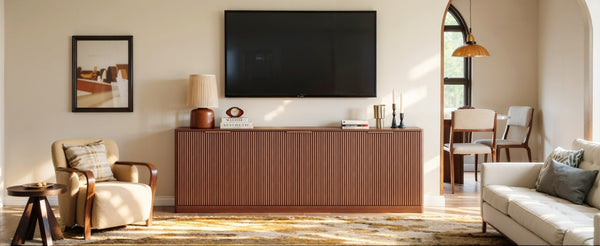 English Elm 94.5 Inch Fluted Matte Credenza with Six Doors for Dining Living or Entryway Walnut W1820S00083