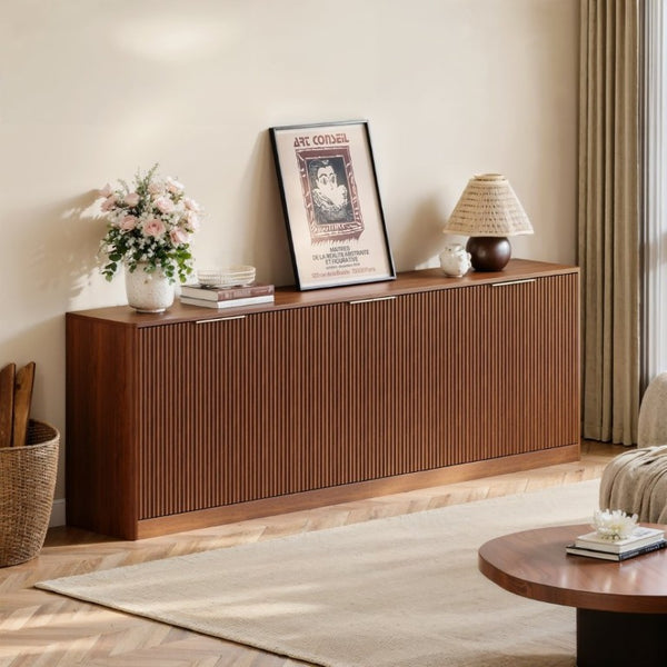 English Elm 94.5 Inch Fluted Matte Credenza with Six Doors for Dining Living or Entryway Walnut W1820S00083