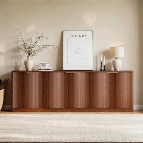 English Elm 94.5 Inch Fluted Matte Credenza with Six Doors for Dining Living or Entryway Walnut W1820S00083