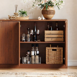 English Elm 94.5 Inch Fluted Matte Credenza with Six Doors for Dining Living or Entryway Walnut W1820S00083