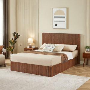 English Elm Queen Platform Storage Bed Hydraulic Lift Walnut Corrugated Curved Headboard No Box Spring W1820S00084