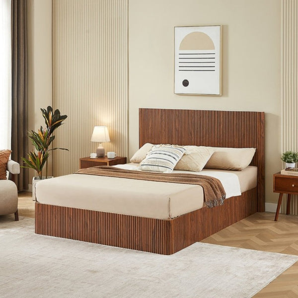 English Elm Queen Platform Storage Bed Hydraulic Lift Walnut Corrugated Curved Headboard No Box Spring W1820S00084
