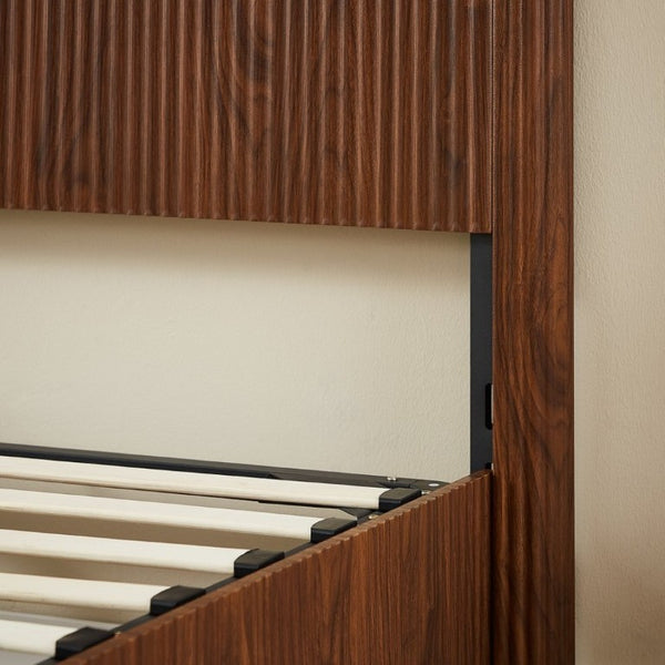 English Elm Queen Platform Storage Bed Hydraulic Lift Walnut Corrugated Curved Headboard No Box Spring W1820S00084
