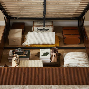 English Elm Queen Platform Storage Bed Hydraulic Lift Walnut Corrugated Curved Headboard No Box Spring W1820S00084