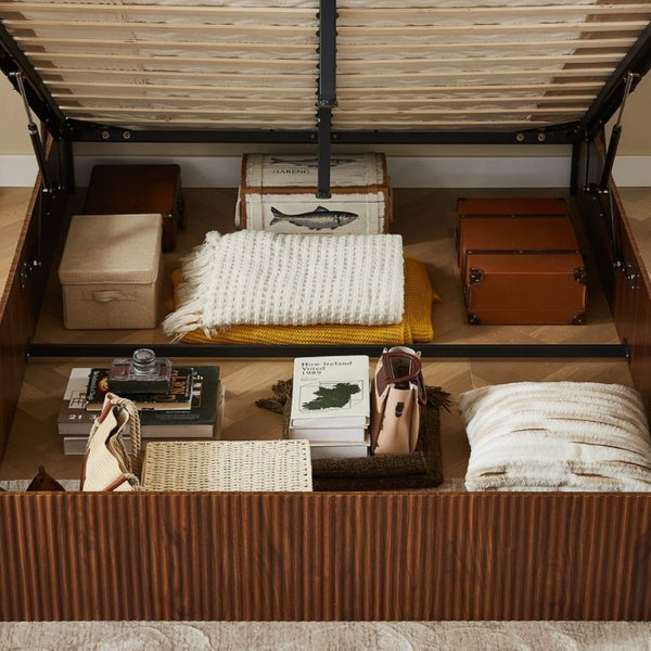 English Elm Queen Platform Storage Bed Hydraulic Lift Walnut Corrugated Curved Headboard No Box Spring W1820S00084