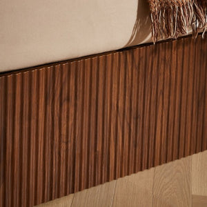 English Elm Queen Platform Storage Bed Hydraulic Lift Walnut Corrugated Curved Headboard No Box Spring W1820S00084