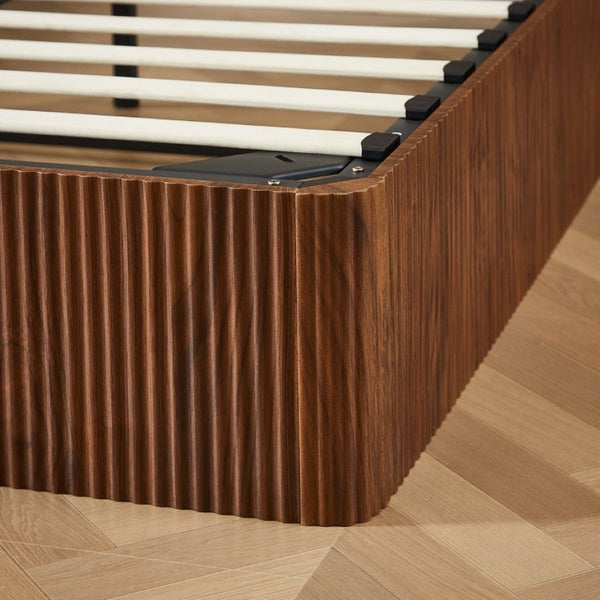 English Elm Queen Platform Storage Bed Hydraulic Lift Walnut Corrugated Curved Headboard No Box Spring W1820S00084