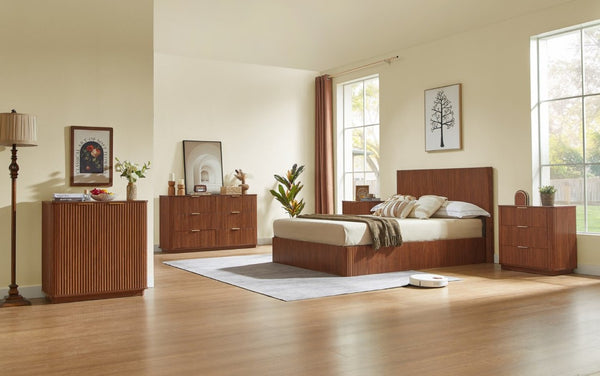 English Elm Queen Platform Storage Bed Hydraulic Lift Walnut Corrugated Curved Headboard No Box Spring W1820S00084
