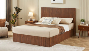 English Elm Queen Platform Storage Bed Hydraulic Lift Walnut Corrugated Curved Headboard No Box Spring W1820S00084