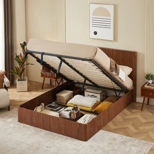 English Elm Queen Platform Storage Bed Hydraulic Lift Walnut Corrugated Curved Headboard No Box Spring W1820S00084