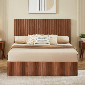 English Elm Queen Platform Storage Bed Hydraulic Lift Walnut Corrugated Curved Headboard No Box Spring W1820S00084