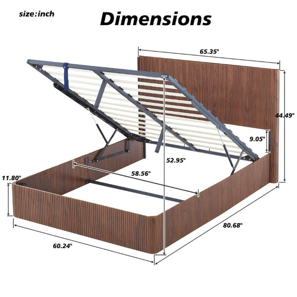 English Elm Queen Platform Storage Bed Hydraulic Lift Walnut Corrugated Curved Headboard No Box Spring W1820S00084
