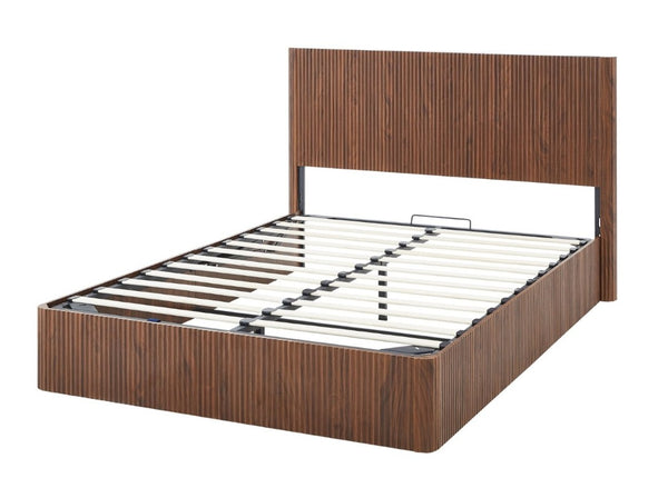 English Elm Queen Platform Storage Bed Hydraulic Lift Walnut Corrugated Curved Headboard No Box Spring W1820S00084