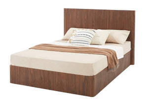 English Elm Queen Platform Storage Bed Hydraulic Lift Walnut Corrugated Curved Headboard No Box Spring W1820S00084