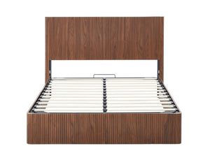 English Elm Queen Platform Storage Bed Hydraulic Lift Walnut Corrugated Curved Headboard No Box Spring W1820S00084
