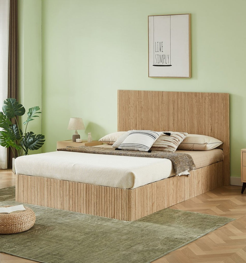 English Elm Queen Platform Bed Hydraulic Lift Storage Corrugated Wood Grain Headboard Modern Farmhouse Oak W1820S00085